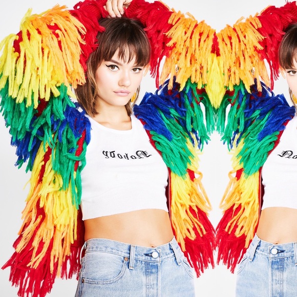 🆕 Dolls Kill 🌈 Rainbow Shaggy Fur Cardigan - Picture 2 of 7